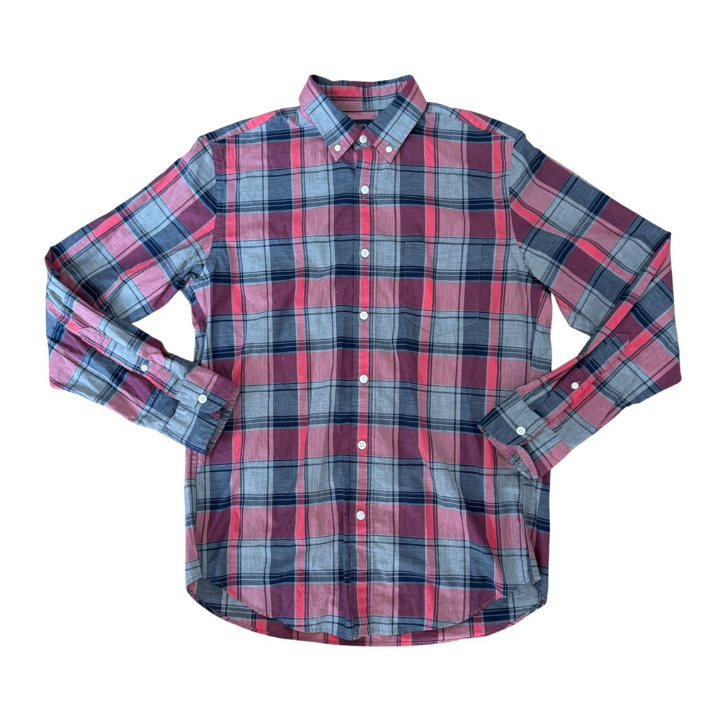J‎ Crew Mens Medium Plaid Button Down Shirt Red Gray Navy Long Sleeve Casual